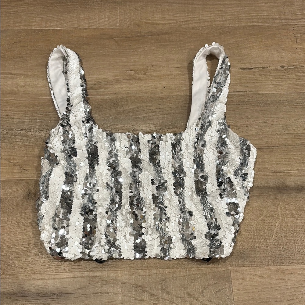 Silver and White Sequin Crop Top